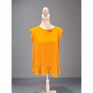LOFT Blouse Womens Size M Mustard Yellow Flutter Sleeve Ruffle Hem Top
